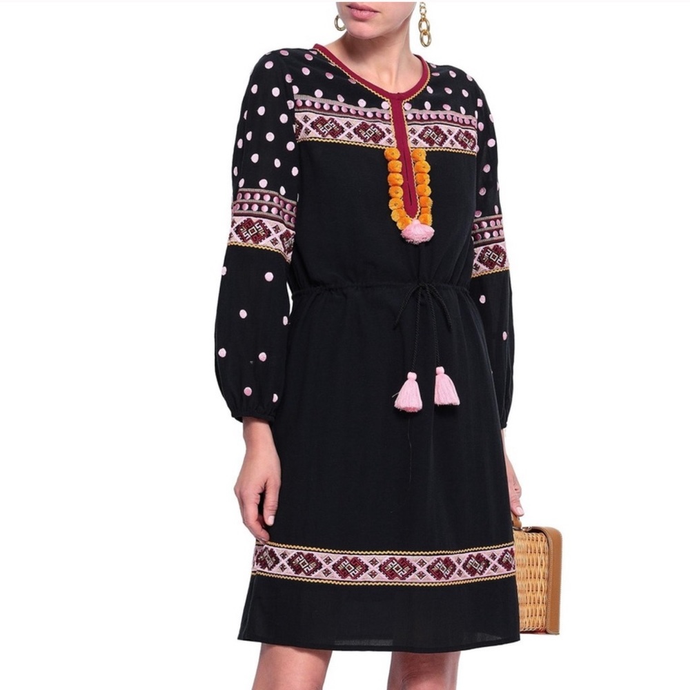 Figue Savannah Embroidered Dress Black Polka Dot Print Size Large